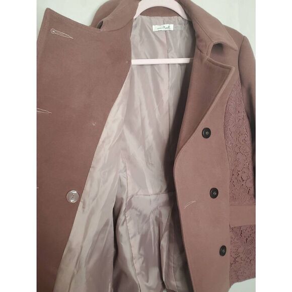 Simply Noelle Double Breasted Soft Cocoa Mauve Lace Embellished Peacoat - Picture 8 of 12